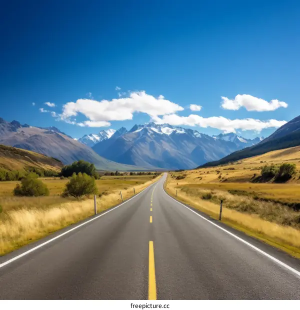 Road through rural New Zealand landscape with mountains in distance