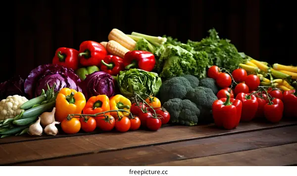 A variety of fresh vegetables are arranged on a wooden table.