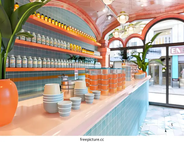 Retro Style Cafe Interior Design with Teal Tiles and Orange Accents