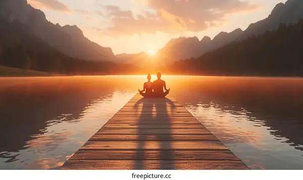 Couple practicing yoga on a dock at sunset