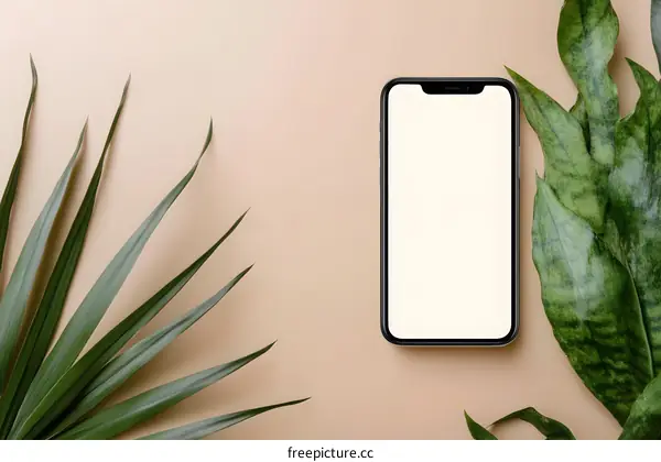White Screen Mobile Phone Mockup With Tropical Leaves On Tan Background