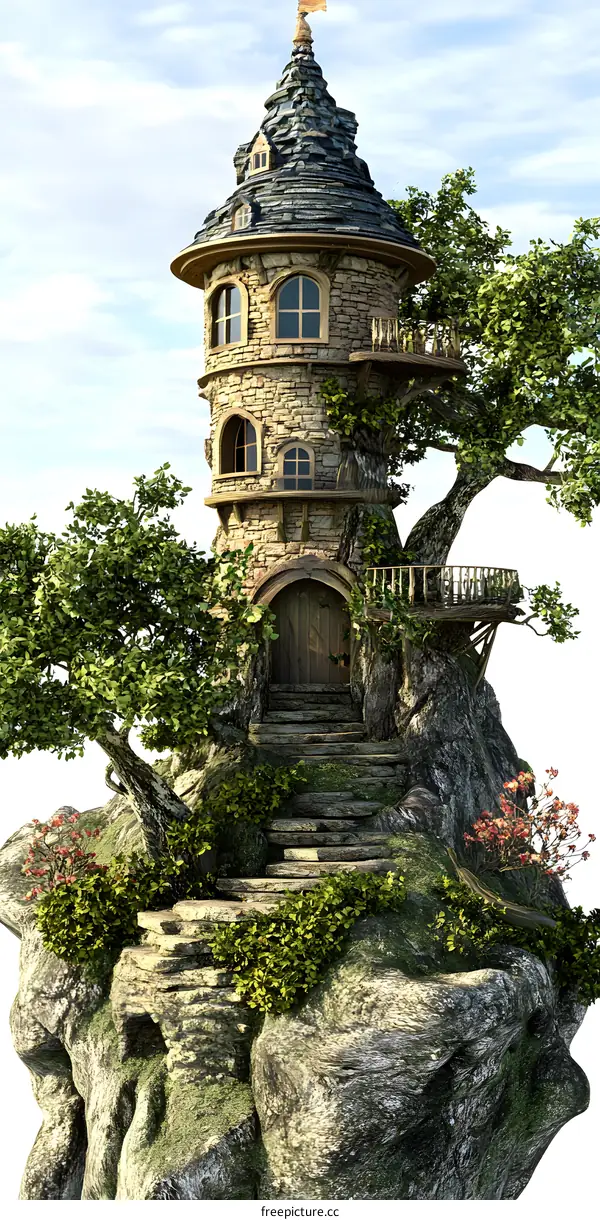 Stone Tower On A Floating Island With Trees