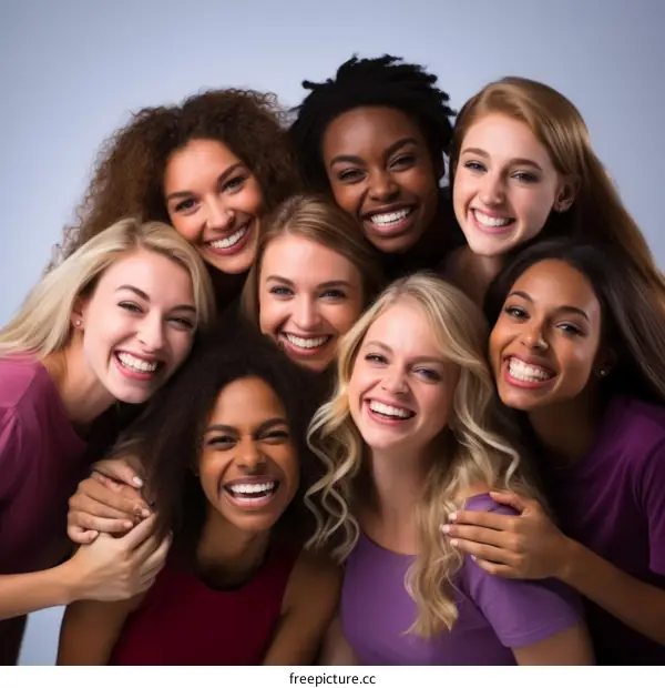 A group of diverse women smiling and embracing