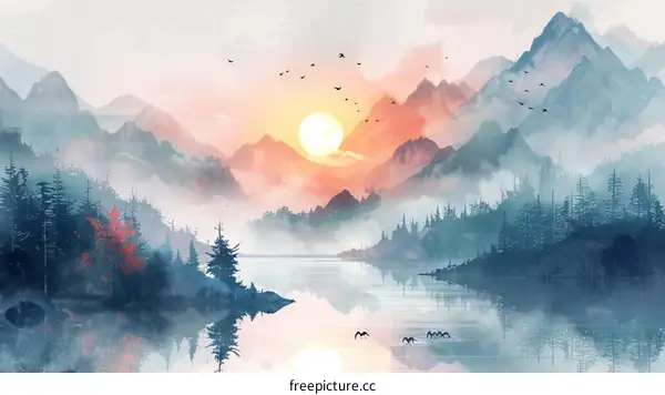 Sunrise Over Misty Mountains And Lake