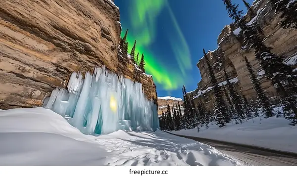Northern Lights Reflecting on Ice Wall in Snowy Canyon