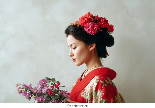 Asian Woman in Traditional Japanese Kimono with Floral Headdress