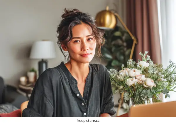 Asian Woman Working from Home with Flowers