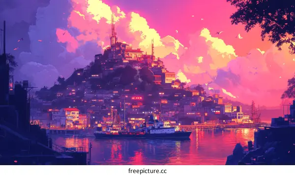 Vibrant Sunset Cityscape Illustration