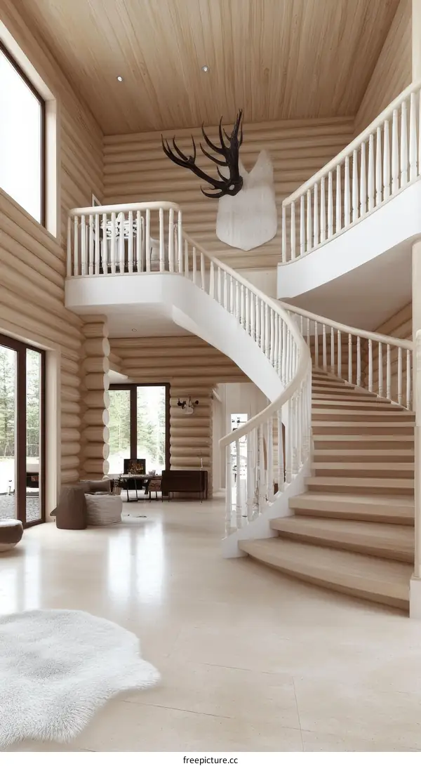 Luxury Wooden Staircase in a Log Cabin