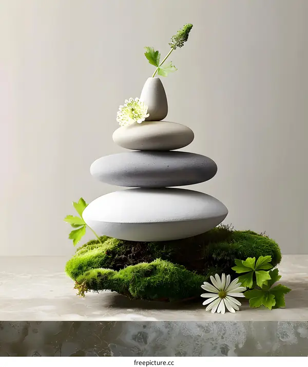 Stack of Stones with Flowers and Moss on a Table