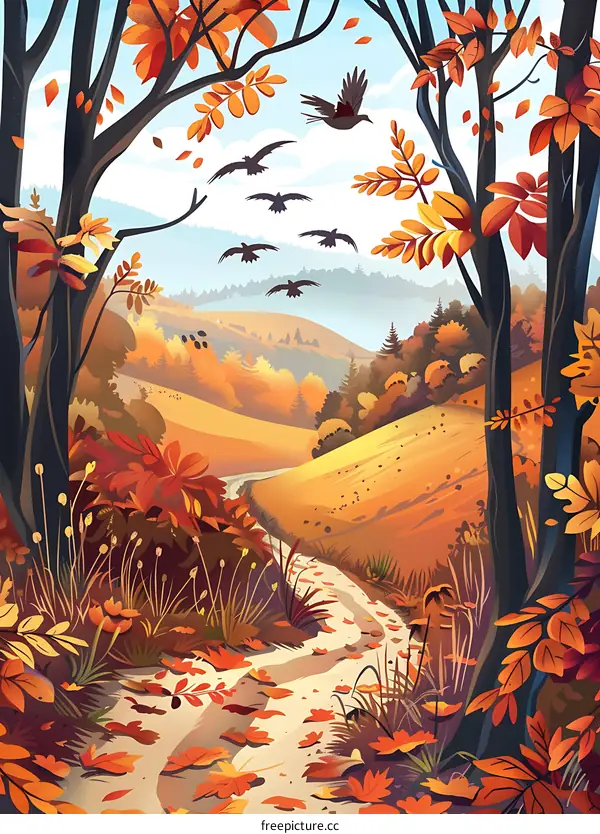 Autumn Landscape with Path and Birds in the Sky