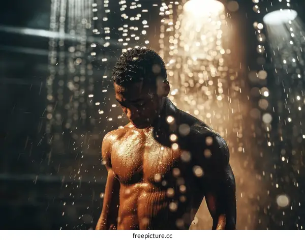 Black man standing in shower with water drops falling