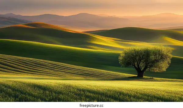 Sunrise over Rolling Hills and Fields