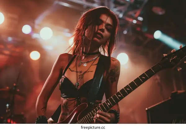 Asian female rock musician playing electric guitar on stage