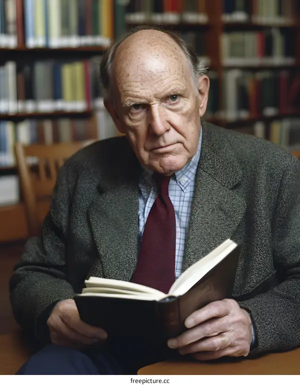 Elderly Man Reading in Library with Bookshelf in Background