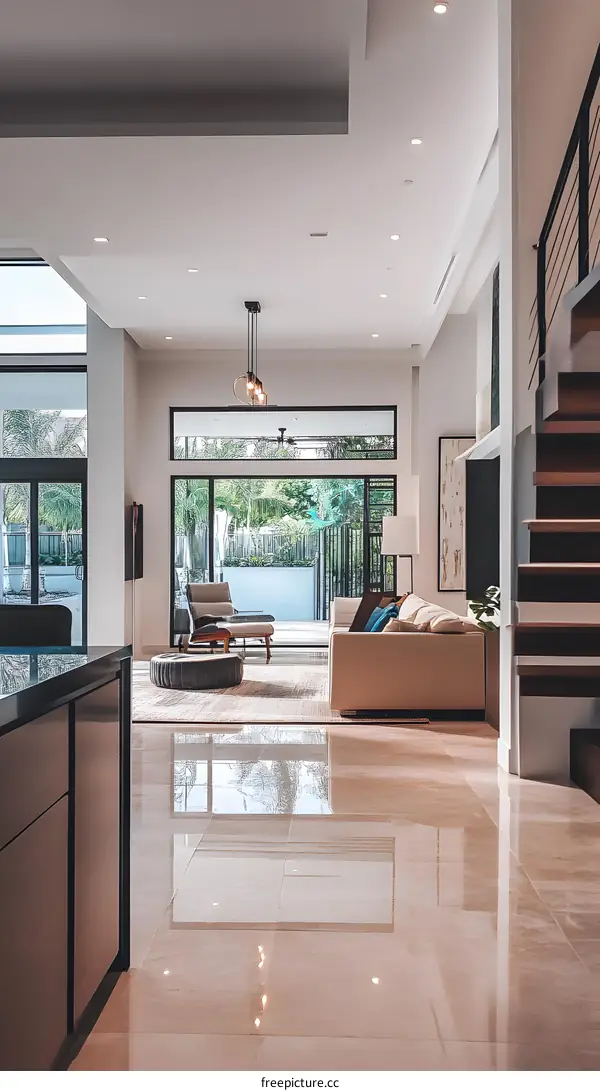 Modern House Interior Design with Large Windows and Marble Floor
