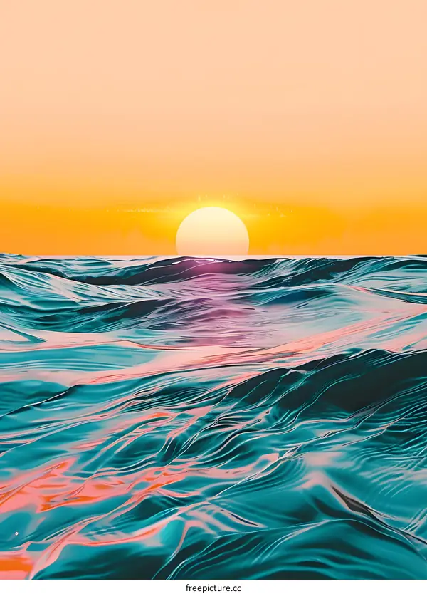 Sunset Over Ocean Waves with Orange Sky