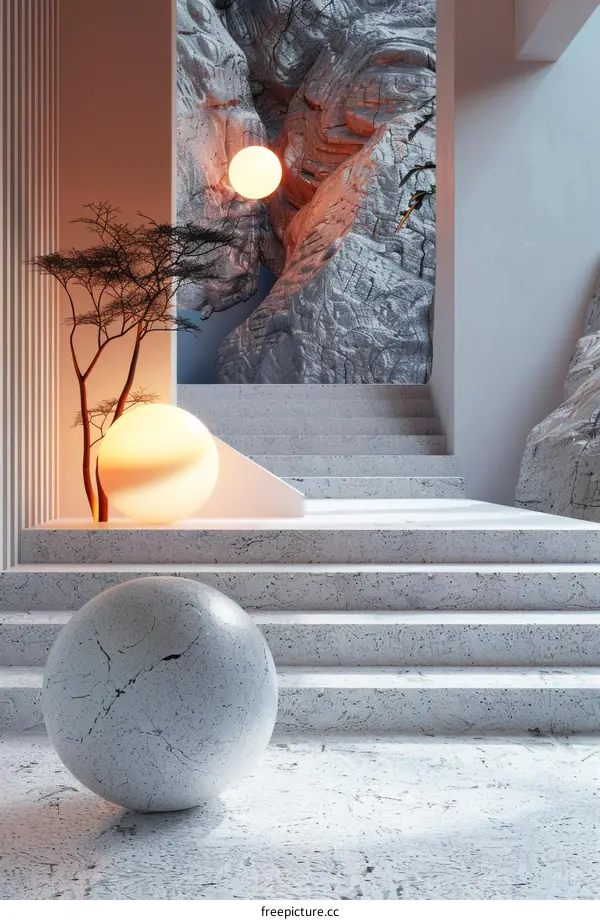 Surreal Sphere in Minimalist Interior with Stairs and Tree