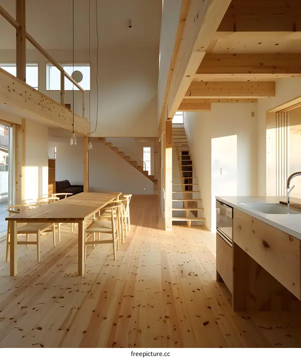 Modern Wooden House Interior Design with Open Floor Plan