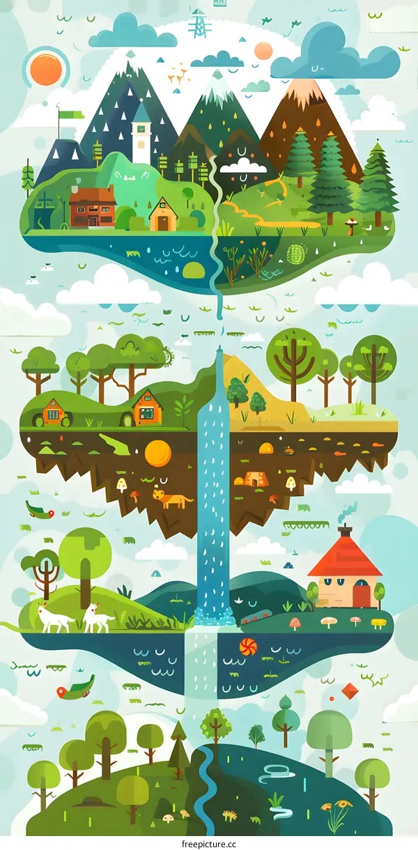 Waterfall flowing through fantasy landscape with houses and animals