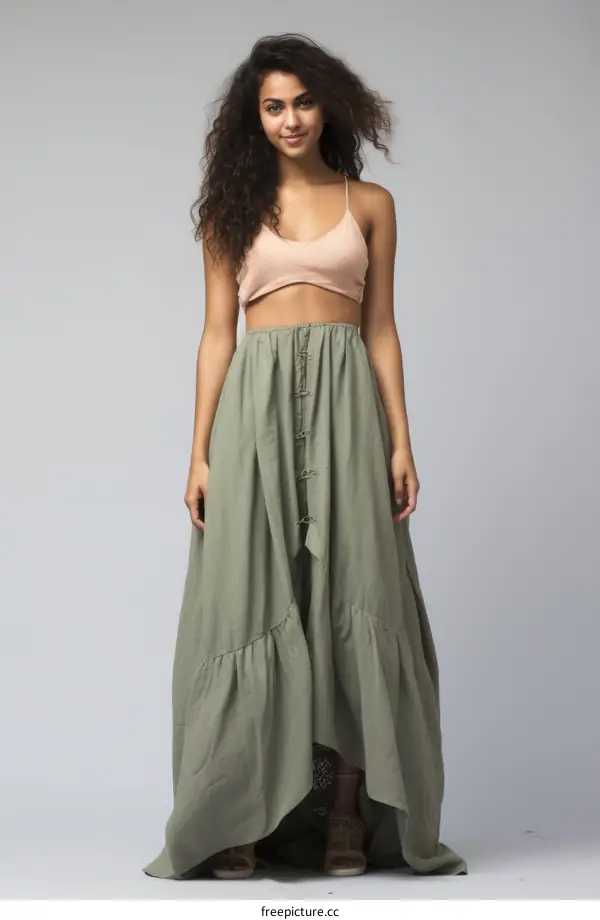 A woman wearing a maxi skirt and a crop top