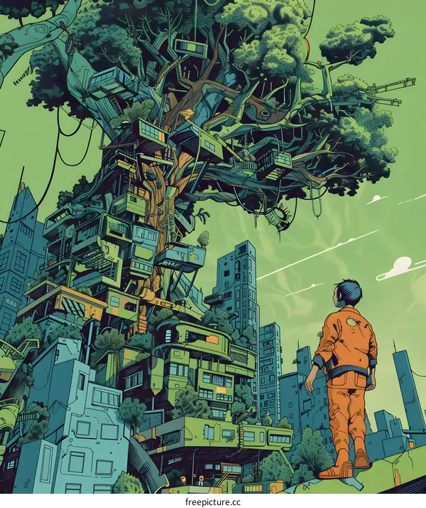 Future City With A Giant Tree