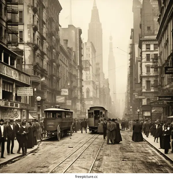 Crowded New York City Street with Horse-Drawn Trolleys and Pedestrians in the Early 1900s