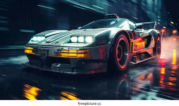 A silver and black futuristic car drives through a rainy city street at night