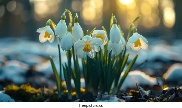 Close-up of snowdrops in the morning sun