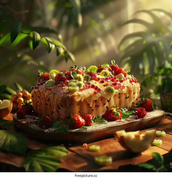 Scrumptious cake topped with fresh fruits and berries
