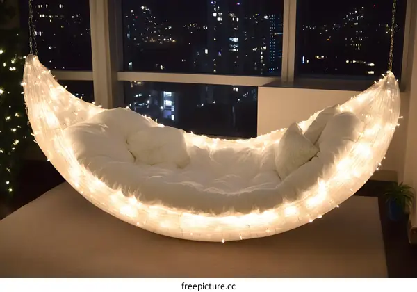 Indoor Hammock With String Lights and Pillows In Front of Large Windows