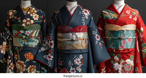 Three Japanese women wearing traditional kimono
