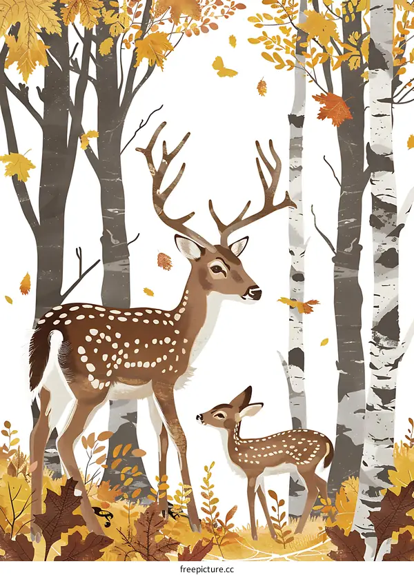 Autumn Forest with Two Deers