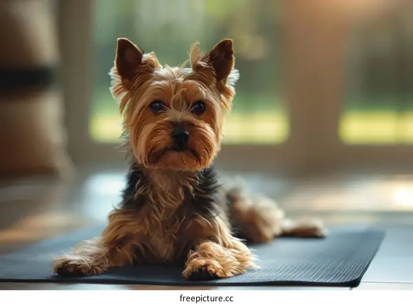 A cute Yorkshire Terrier dog lying on a yoga mat
