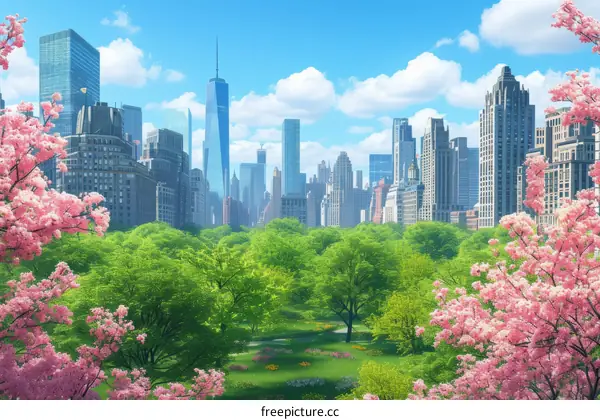 Central Park in spring with skyscrapers in the background