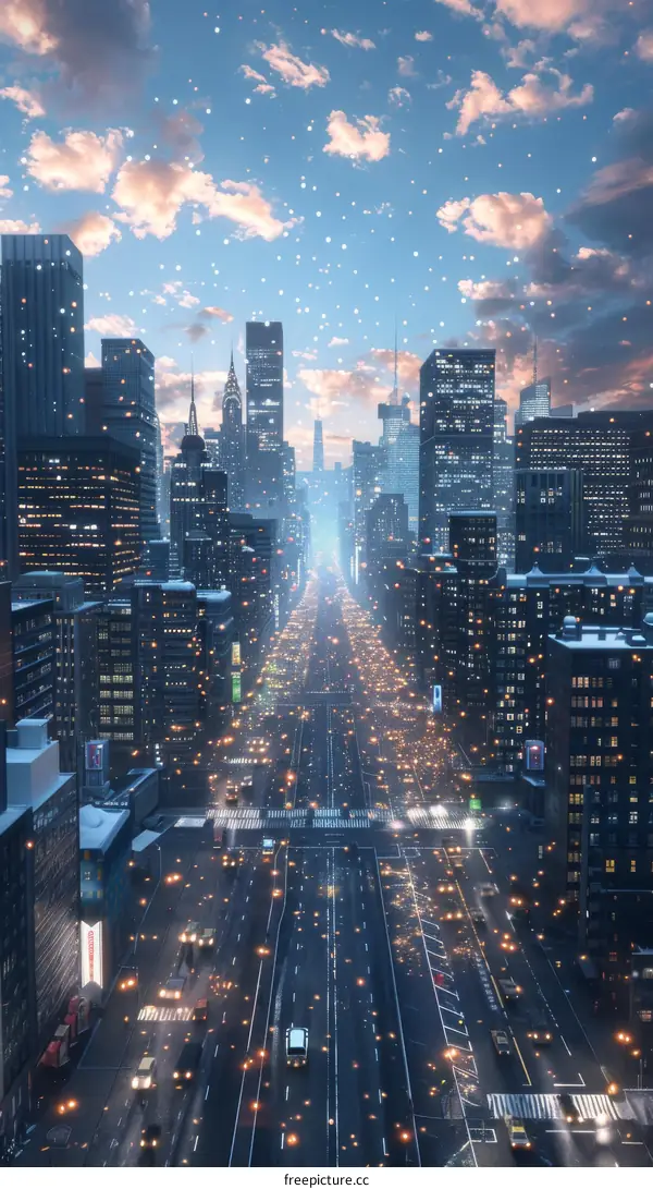 Futuristic Cityscape at Night with Snow