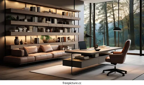 Modern home office with large windows and a view of the forest
