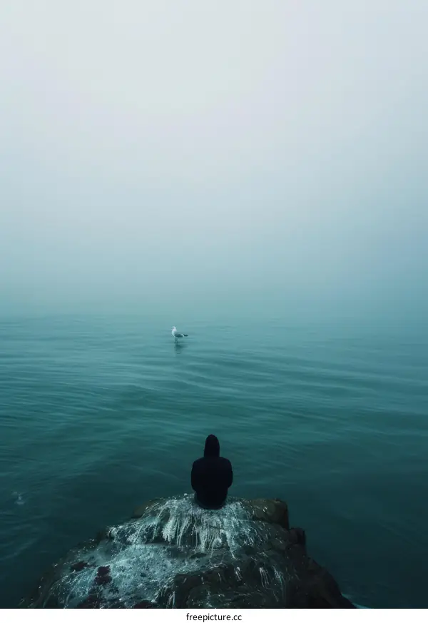 Man on a rock in the middle of the sea with a seagull in the distance