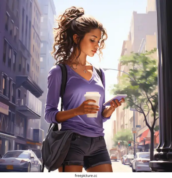 A young woman walks down the street while looking at her phone