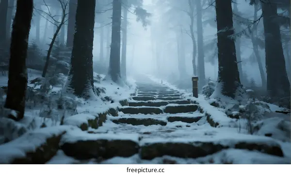 Misty Snow-Covered Stone Steps Leading Through Forest Pathway