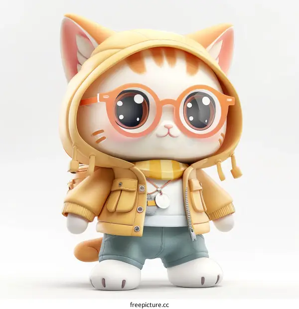 3D illustration of an anime cat wearing a yellow hoodie and glasses