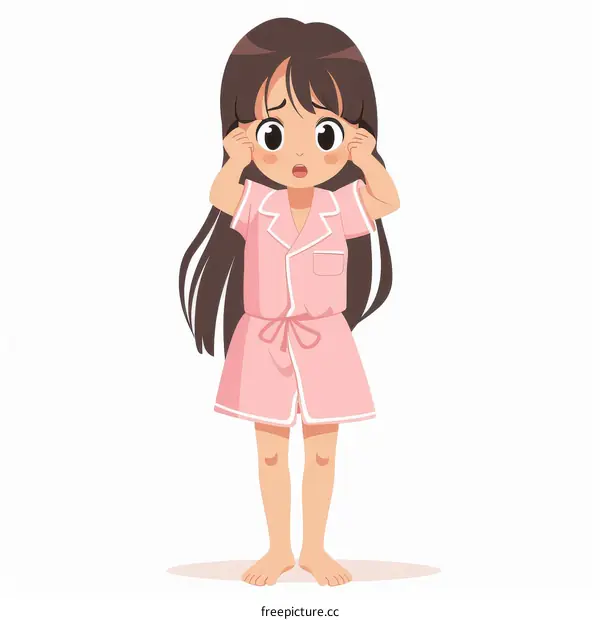 Little girl in pink pajamas is very scared