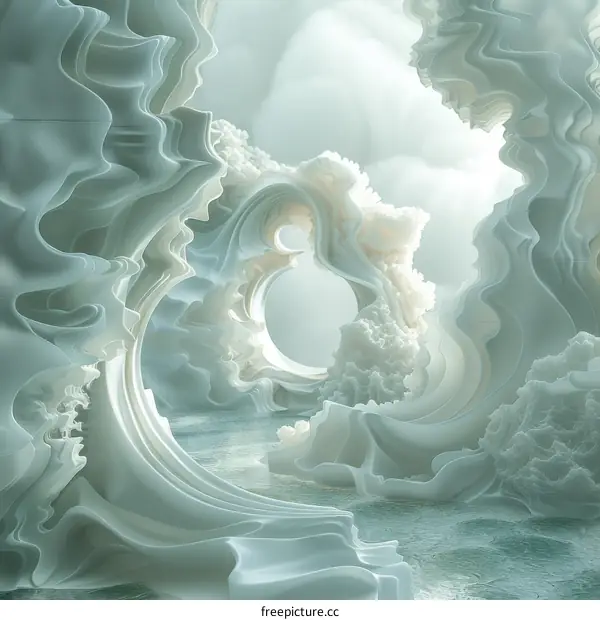 Surreal landscape with a large white structure in the center