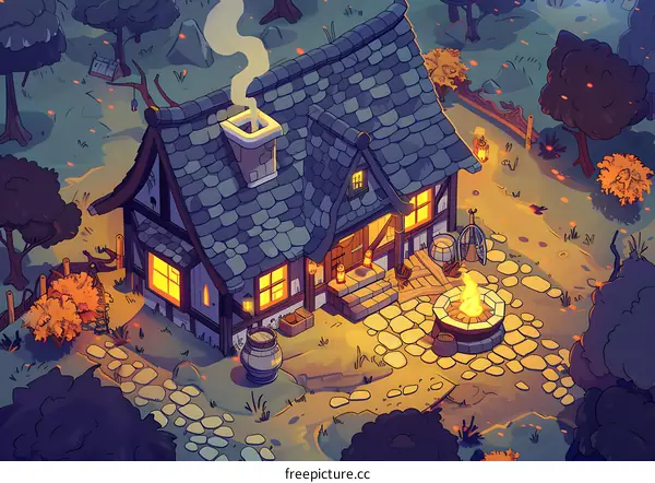 Cozy Cottage in the Woods at Night