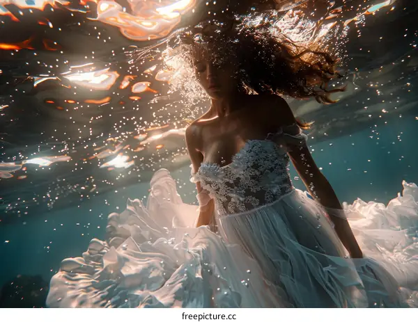 An Underwater Fairytale: Bride in White Dress Swims Gracefully