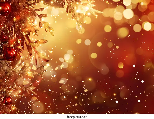 Christmas background with golden fir tree branches and red balls