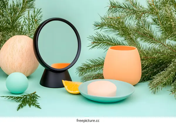 Minimalist Bathroom Still Life with a Mirror, Lemon, and Soap