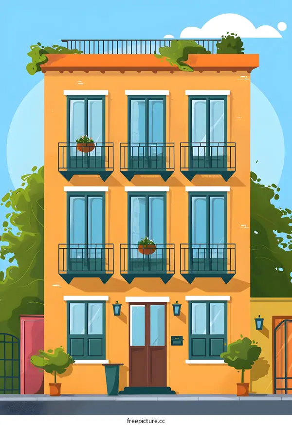 Yellow Building With Balconies and Green Trees Illustration