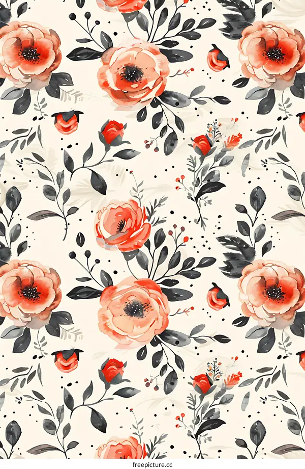 Watercolor Floral Pattern with  Pink Roses and Black Leaves on a Cream Background
