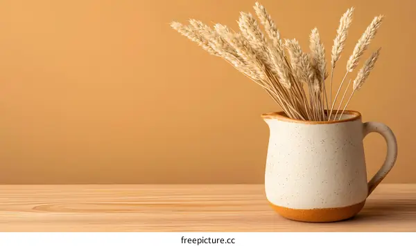 Dried Wheat Stalks in a Ceramic Pitcher on a Wooden Table